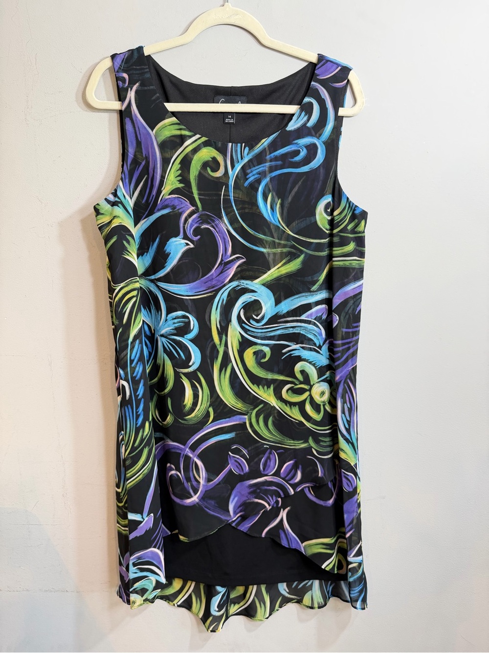 Connected Apparel black purple blue green sleeveless hi low shift dress size 14